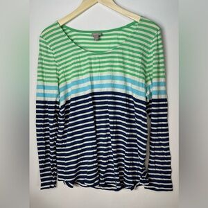 J.Jill Knit Tee Women Size L Green Navy Blue Striped Pima Cotton Long Sleeve Top
